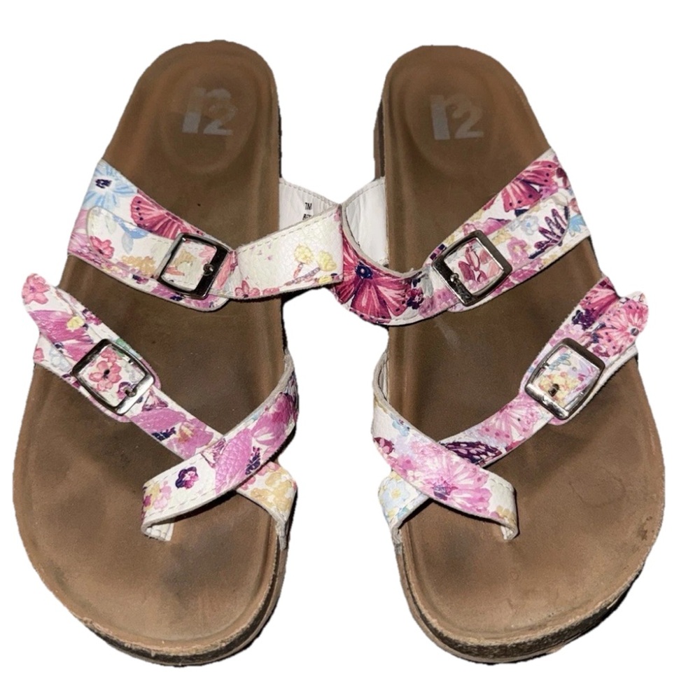 R2 Women’s Slide On Sandal Size 7 Pink White Floral 2 Strap Sandals
